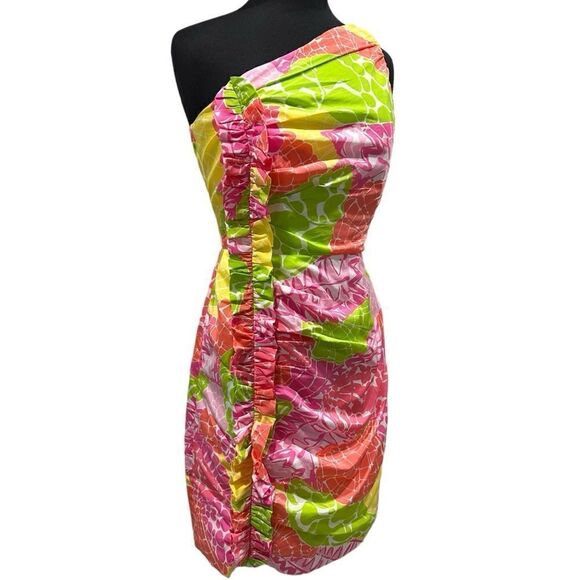Lilly Pulitzer Julianne One Shoulder Dress Sz 8 Ginger Orange Floral - Picture 4 of 14